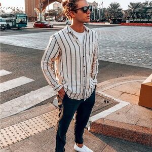 Katin Men's Casual Striped Shirt - Cream and Black Large